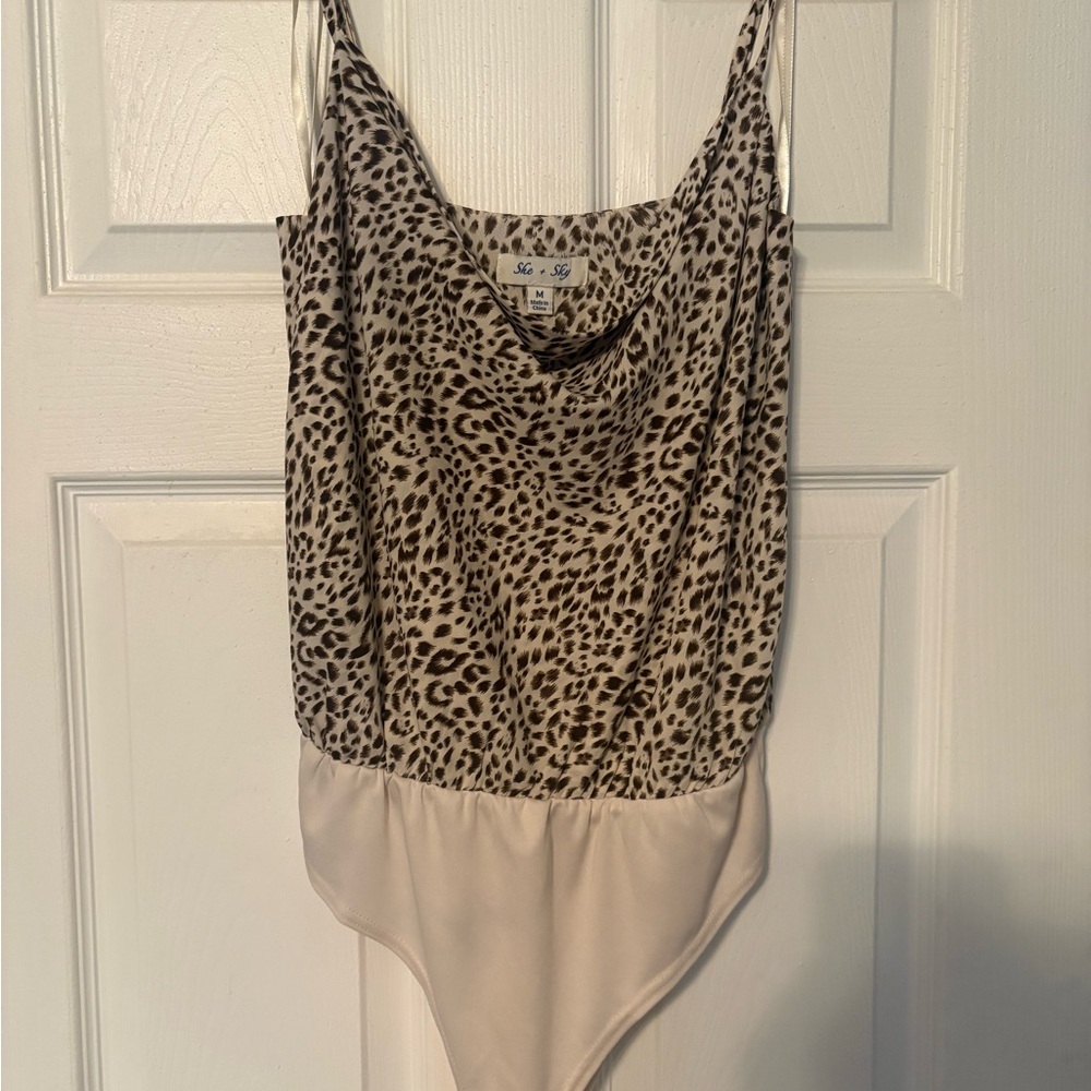 She + Sky Leopard Print Cowl Neck Bodysuit in Beige and Brown